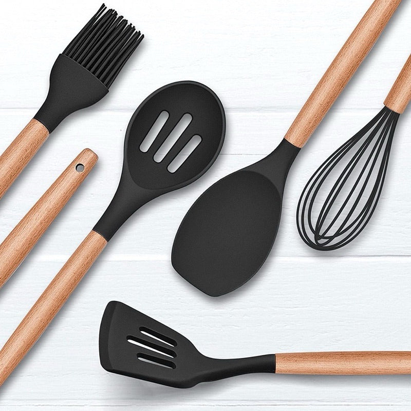 Kit Utensílios Cozinha em Silicone e Cabo De Madeira - 12 Peças