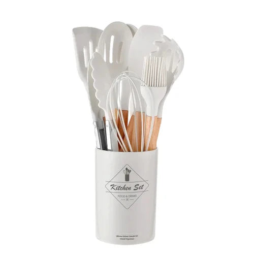 Kit Utensílios Cozinha em Silicone e Cabo De Madeira - 12 Peças