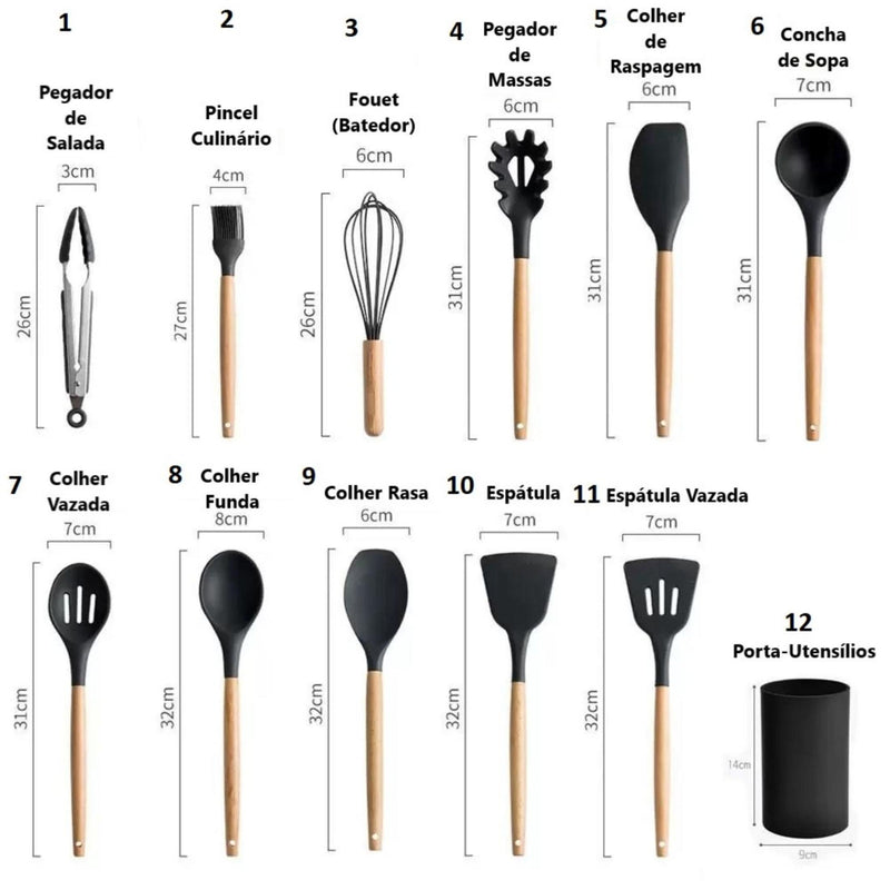 Kit Utensílios Cozinha em Silicone e Cabo De Madeira - 12 Peças