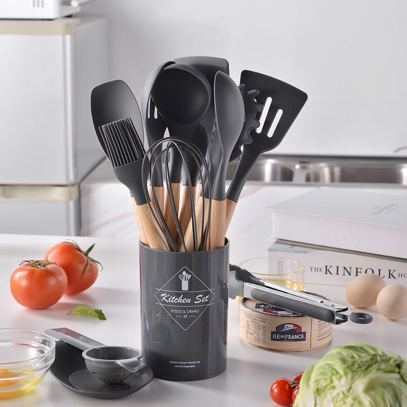 Kit Utensílios Cozinha em Silicone e Cabo De Madeira - 12 Peças