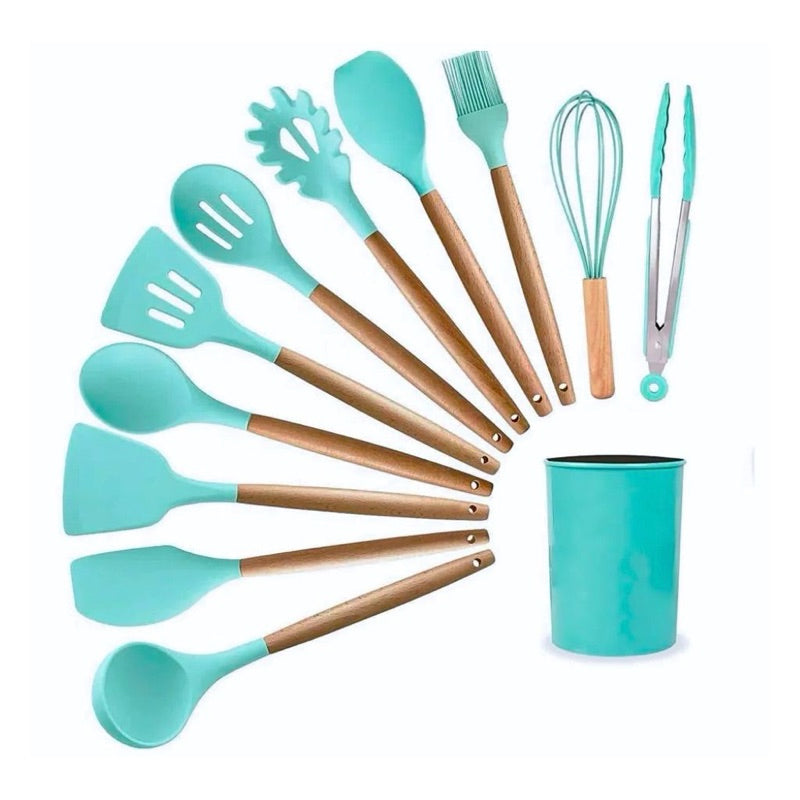 Kit Utensílios Cozinha em Silicone e Cabo De Madeira - 12 Peças