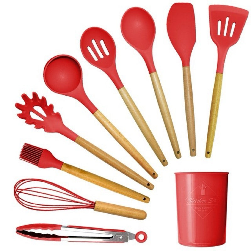 Kit Utensílios Cozinha em Silicone e Cabo De Madeira - 12 Peças