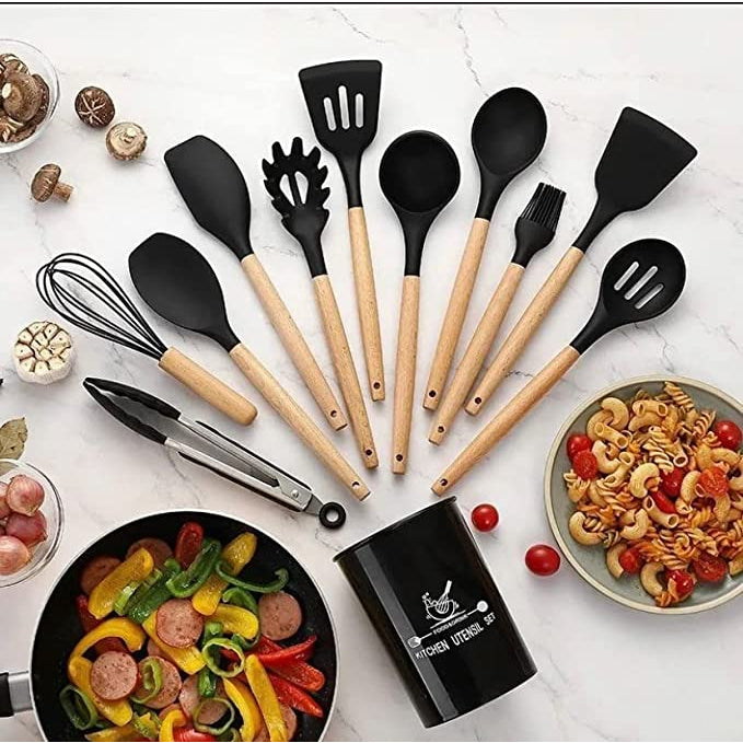 Kit Utensílios Cozinha em Silicone e Cabo De Madeira - 12 Peças