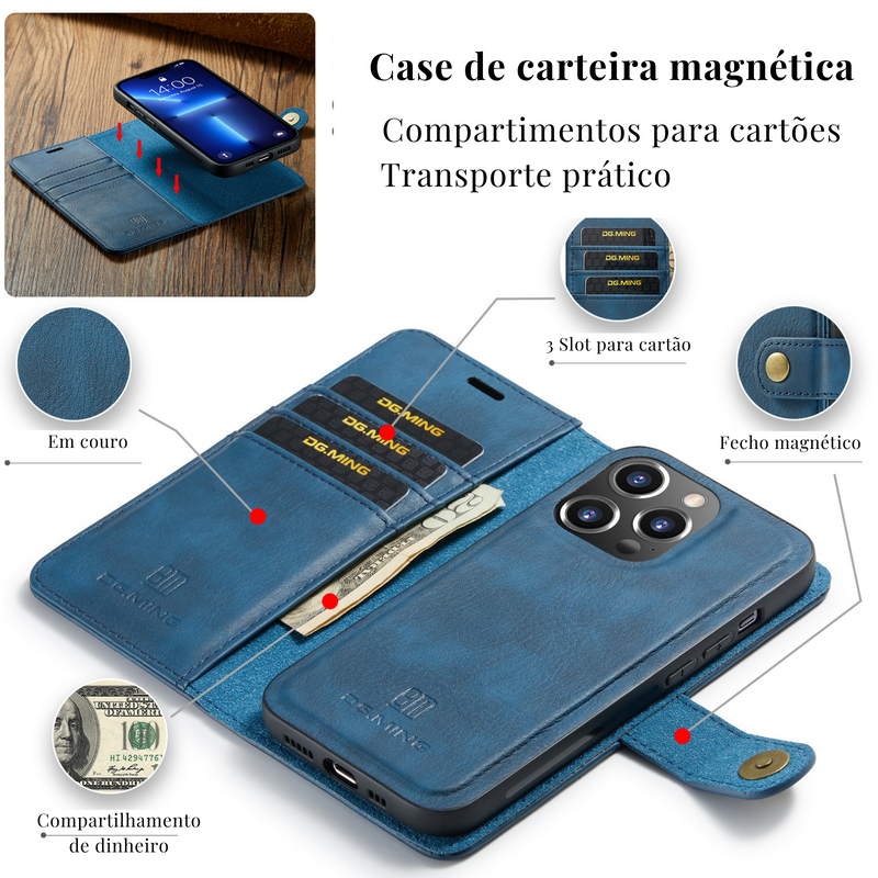 Capa iPhone Ultra Fina de Couro com Carteira Magnética 2 em 1 - Lançamento 2024